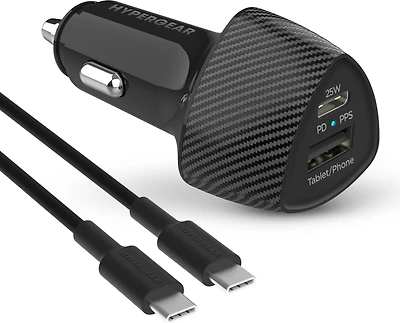 Chargeur de voiture SpeedBoost avec adaptateur d’allume-cigare rapide de 25 W USB-C PD et 12 W USB de HyperGear avec alimentation programmable câble USB-C de 4 pi