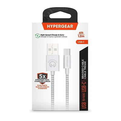 HyperGear 4 ft. (120cm) USB-A to USB-C Braided Charge and Sync Cable - White