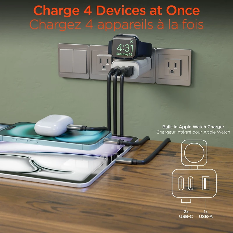 HyperGear 43W Multi-Port Hub w/Apple Watch Charger - White