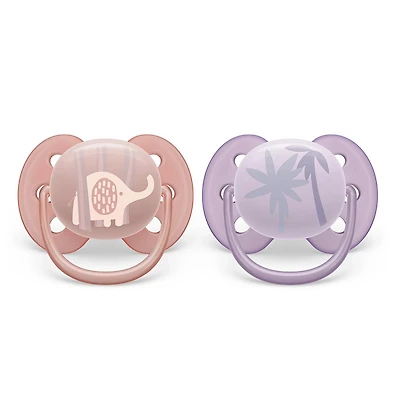 Ultra Soft Pacifier 0-6m Lychee Elephant / Lilac Palms 2-pack