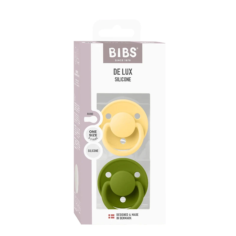 BIBS De Lux Pacifiers 0-36m (2) - Wasabi / Pale Butter