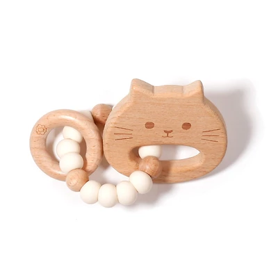 Hochet De Bois Chat - Blanc Cassé