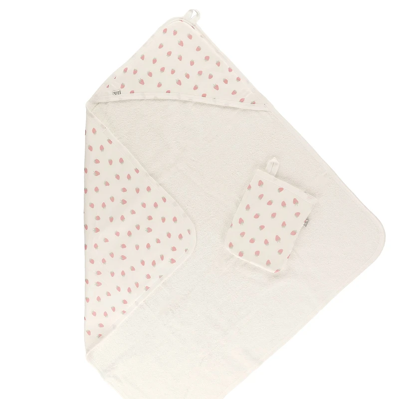 Hooded Bath Towel and Wash Mitt - Strawberries