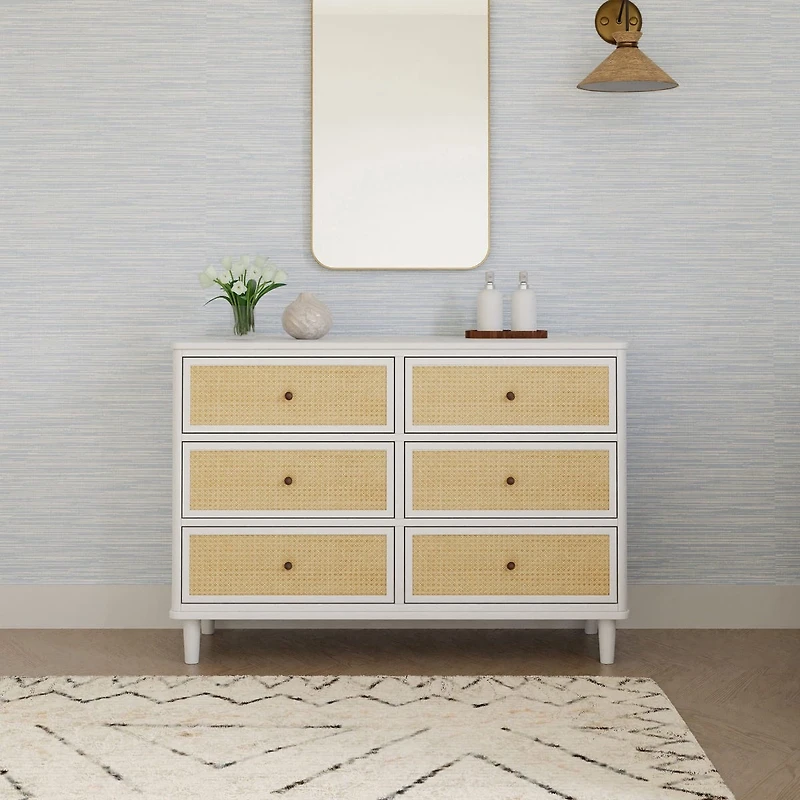 Marin with Cane 6 Drawer Assembled Dresser - Warm White and Honey Cane