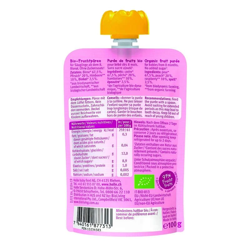 Organic Pouch - Pear Pony - Pear, Peach, Raspberries with Spelt (from 8 months)