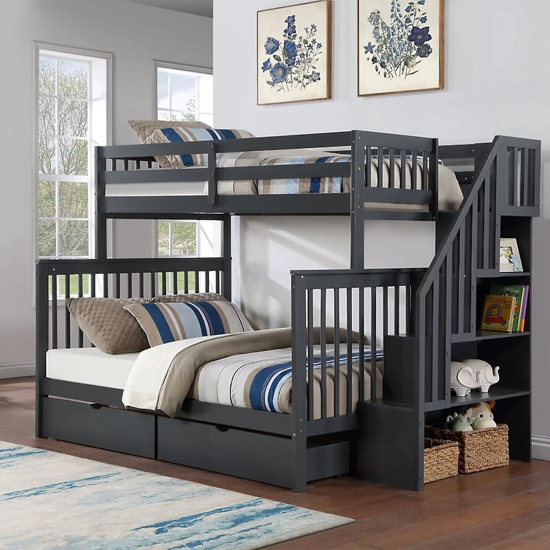 Bunk Bed Single/Double with 2 Drawers - Grey