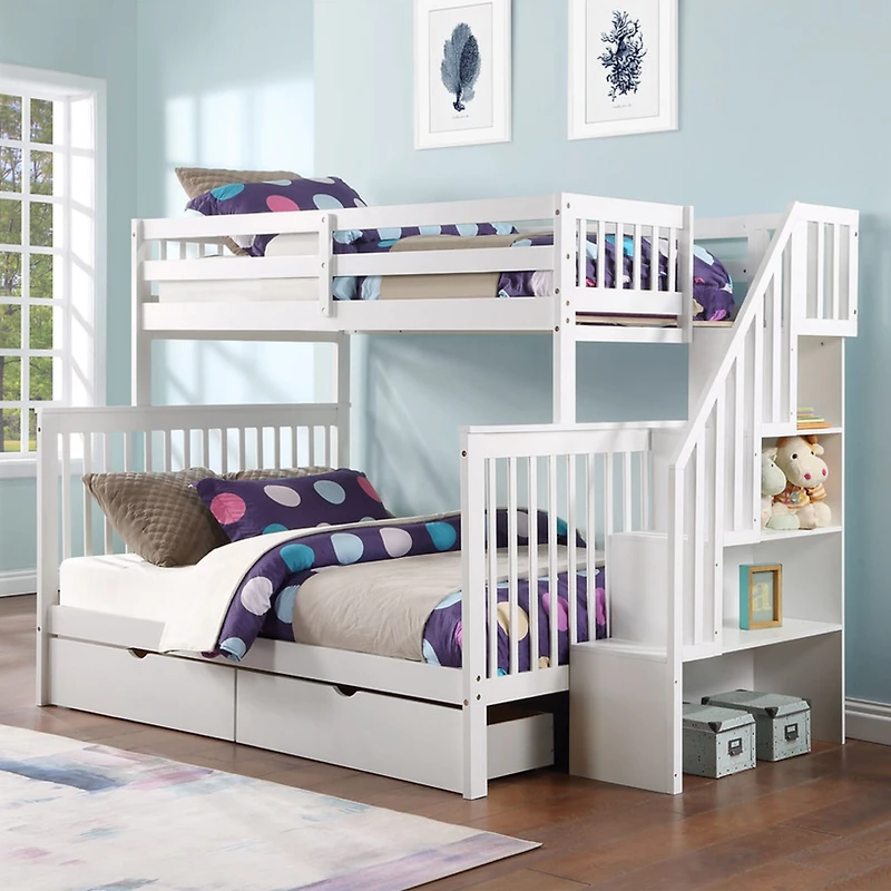 Bunk Bed Single/Double with 2 Drawers - White
