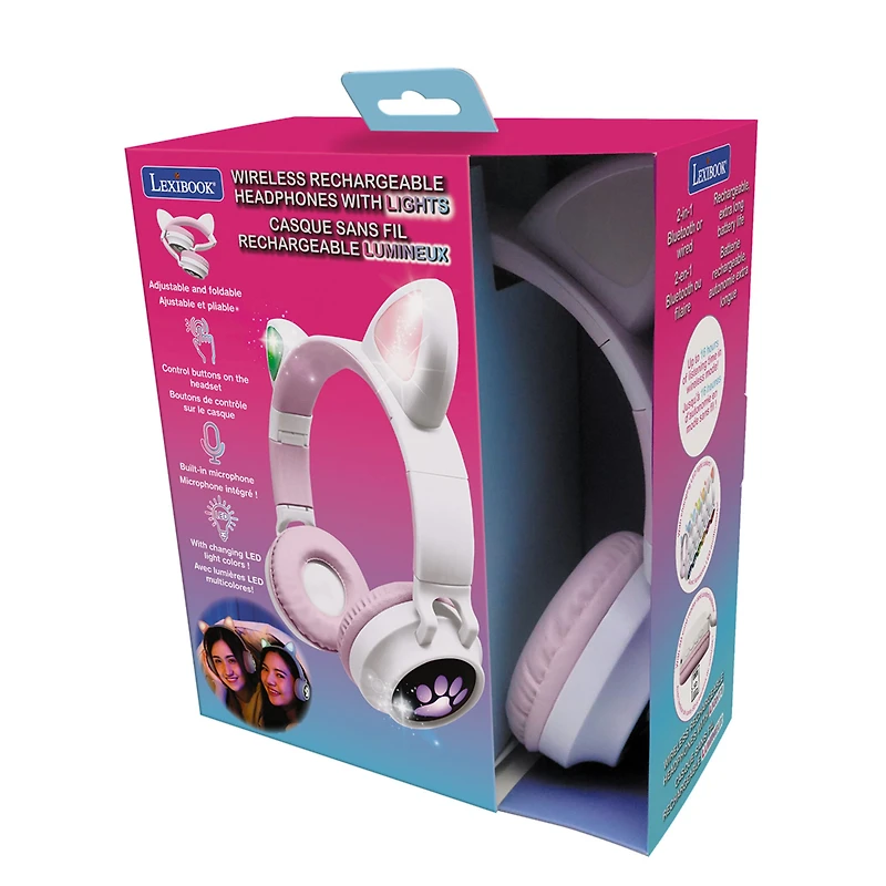 Lexibook - 2 in 1 Bluetooth® and Wired Headphones with lights - Cat Ear