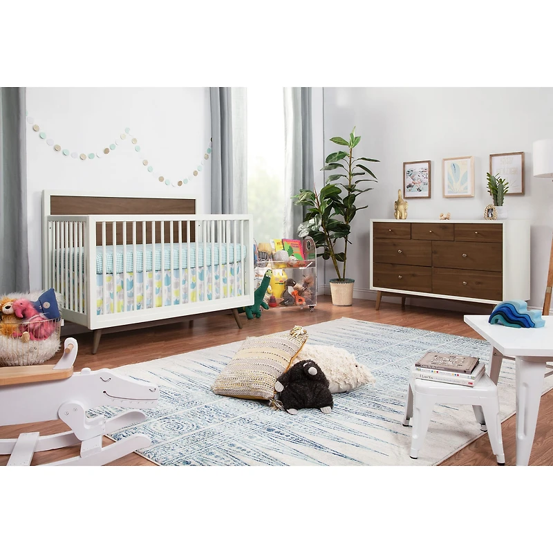 Palma Mid-Century 4-in-1 Convertible Crib with Toddler Bed Conversion - Warm White / Natural Walnut