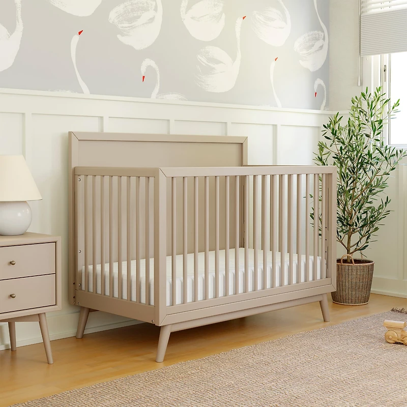 Palma Mid-Century 4-in-1 Convertible Crib with Toddler Bed Conversion in Taupe
