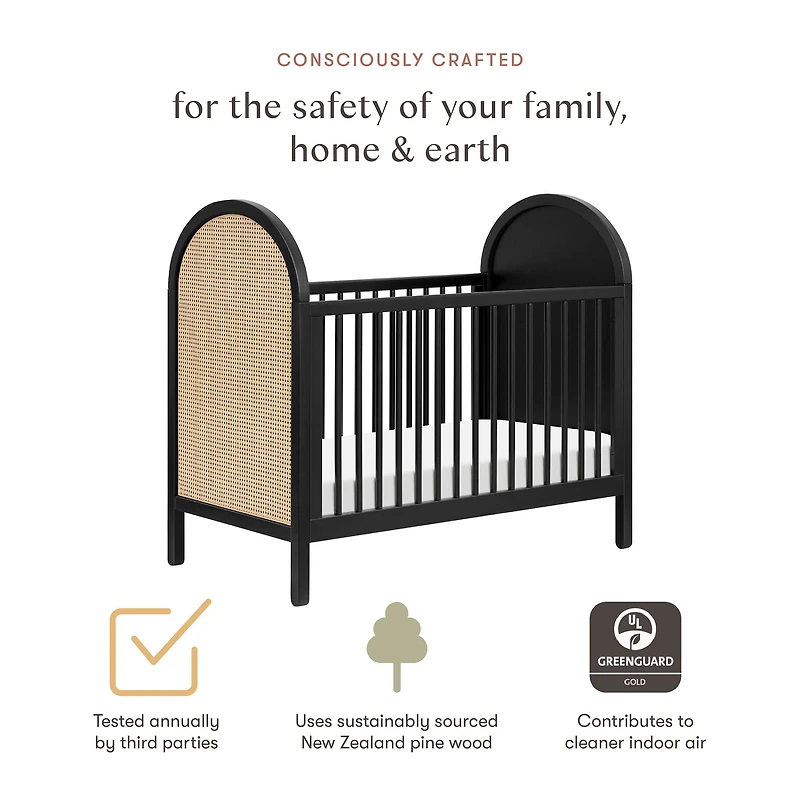 Bondi Cane 3-in-1 Convertible Crib with Toddler Bed Kit - Black / Natural Cane