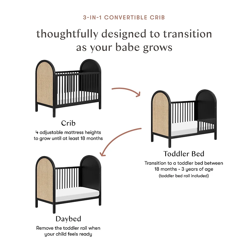 Bondi Cane 3-in-1 Convertible Crib with Toddler Bed Kit - Black / Natural Cane