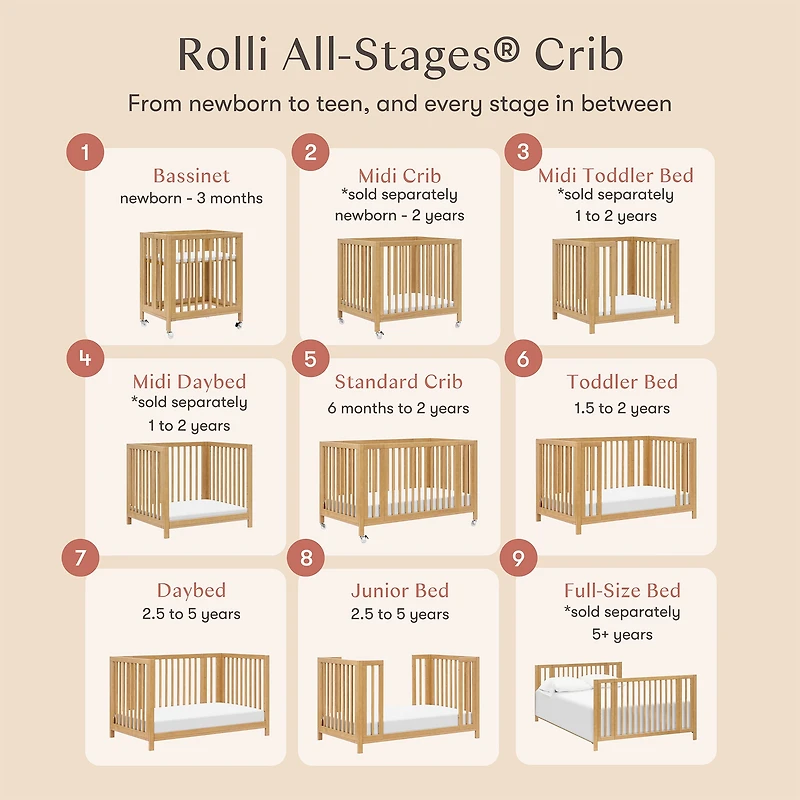 Rolli 9-in-1 Convertible Crib - Honey 