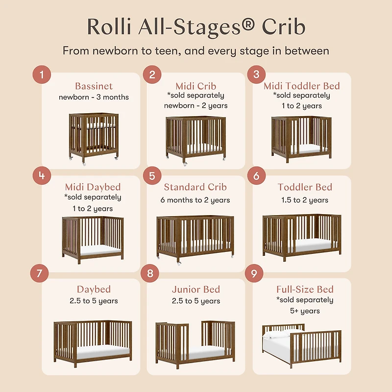 Rolli 9-in-1 Convertible Crib - Walnut Natural