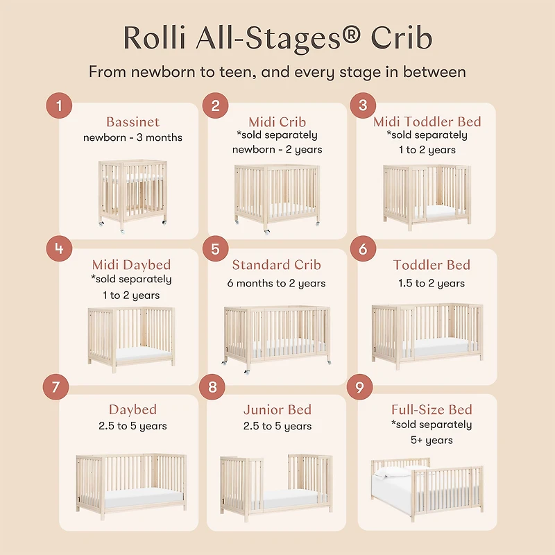 Rolli 9-in-1 Convertible Crib-  Natural Wash 