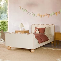 Rizo Twin Bed - Performance Ivory Boucle with Tan Leather Piping