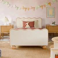 Rizo Twin Bed - Performance Ivory Boucle with Tan Leather Piping