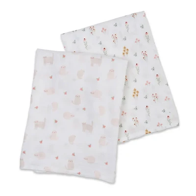 Cotton Muslin Swaddle (2)-  Kitty/Flower