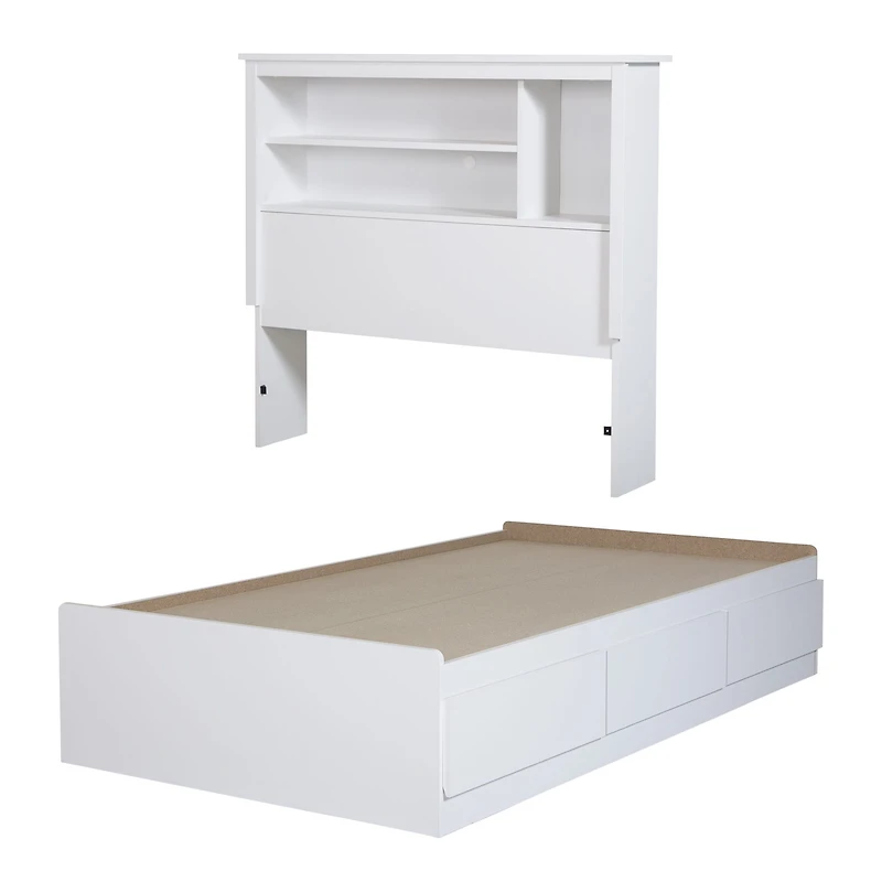 Ensemble Lit Matelot Simple avec Tête de Lit Bibliothèque - Vito Blanc solide