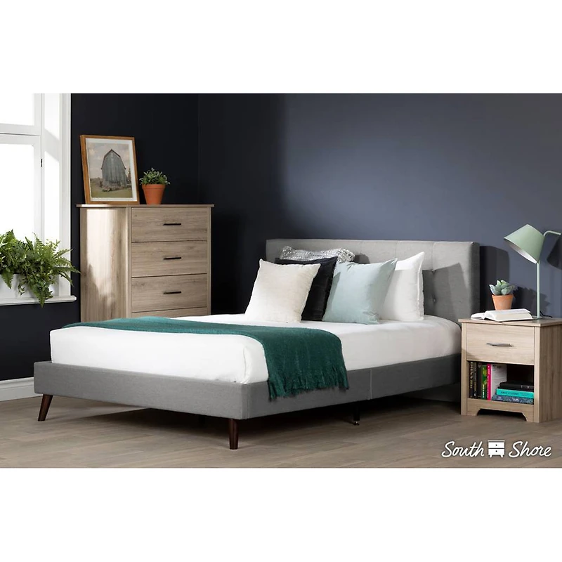 Fusion Upholstered Platform Double  Bed and Headboard - Grey 