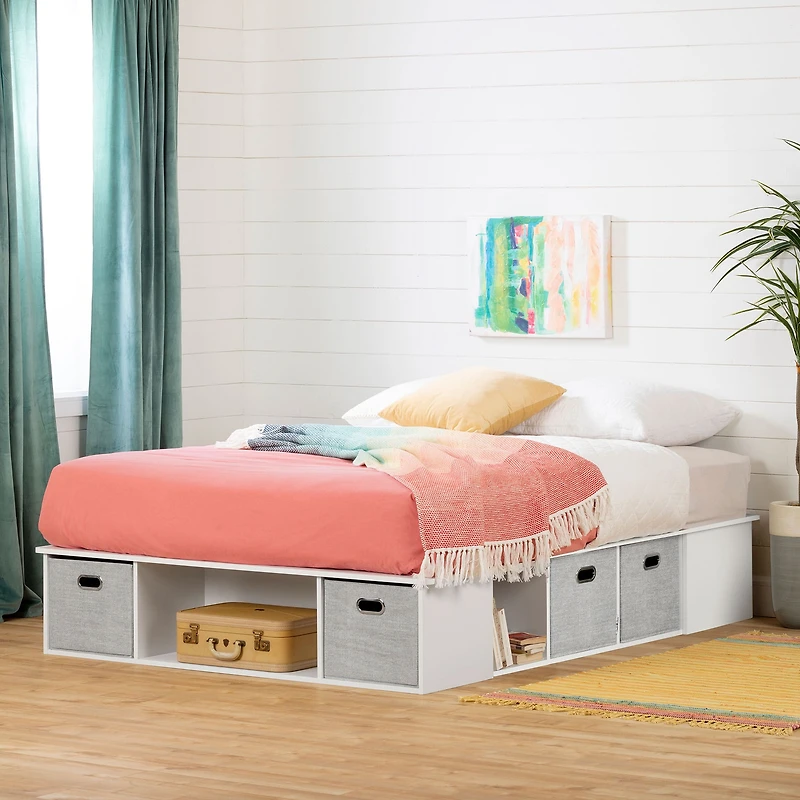 Double Bed with Storage and Baskets - Flexible Pure White