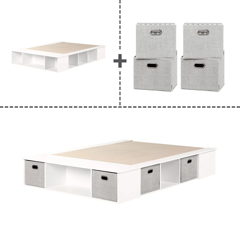 Double Bed with Storage and Baskets - Flexible Pure White