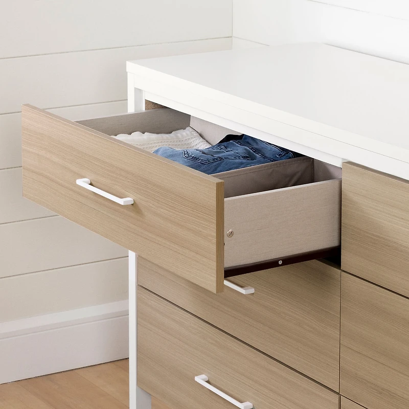 6-Drawer Double Dresser - Munich White and Soft Elm
