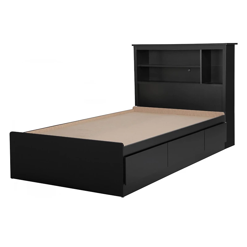 Ensemble Lit Simple Matelot avec tête de Lit bibliothèque - Vito Noir solide