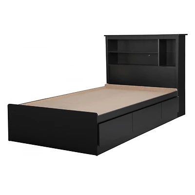 Ensemble Lit Simple Matelot avec tête de Lit bibliothèque - Vito Noir solide