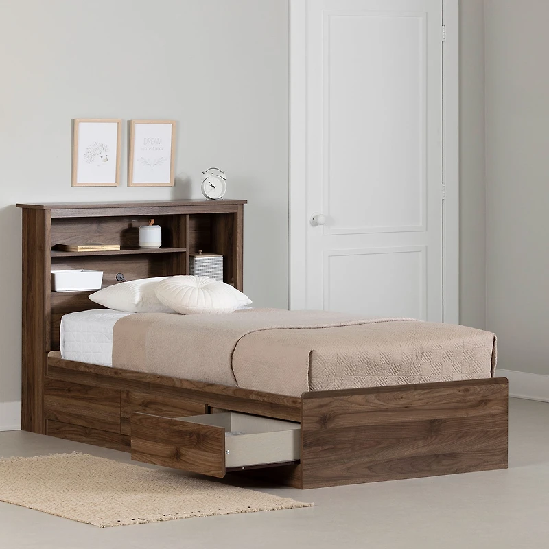 Twin Bed and Headboard Set - Yodi Natural Walnut