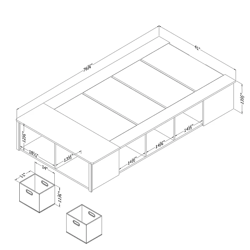 Lit Simple avec paniers de rangement - Avilla Chêne blanchi