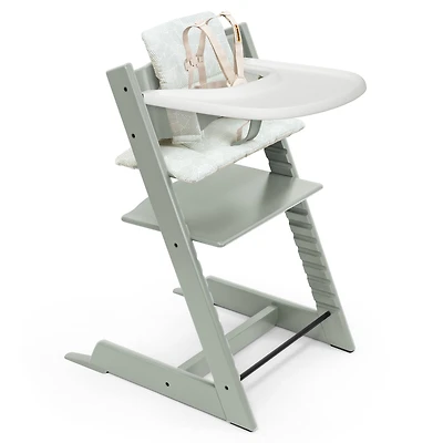 Tripp Trapp High Chair V2 Glacier Green, Mosaic Green Cushion and Strokke Whithe Tray