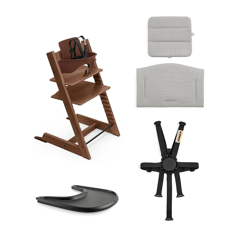 Tripp Trapp® High Chair V2 + Anthracite Cushion and Stokke® Black Tray - Warm Brown