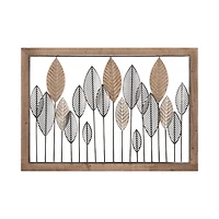 Framed Metal and Wood Leaves Wall Art