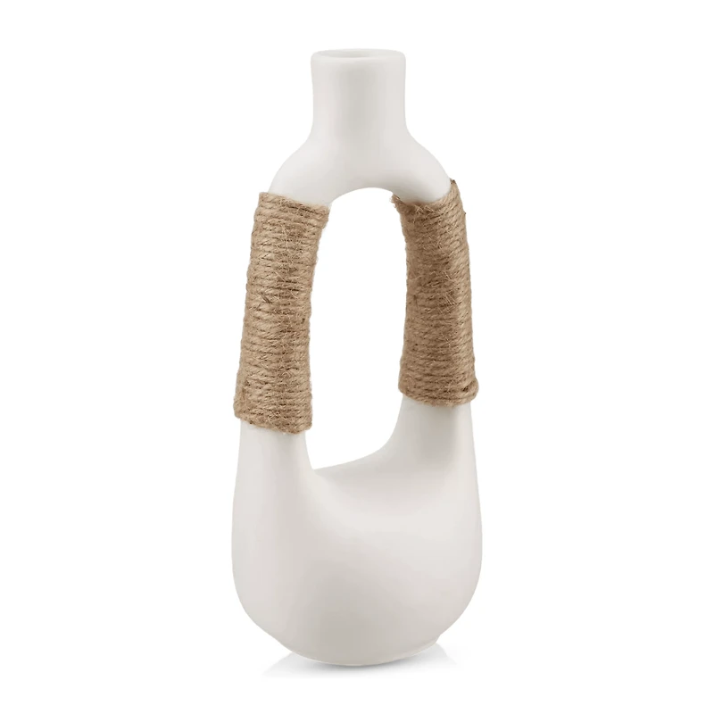 White Ceramic Oval Vase with Rope on Handles