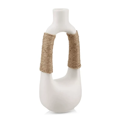 White Ceramic Oval Vase with Rope on Handles