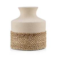 Speckled Ceramic and Rattan Vase