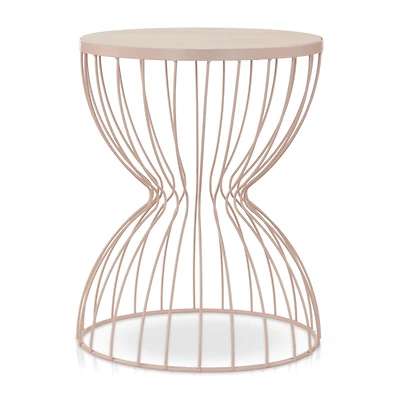 Pink Metal and Natural Wood Hourglass Side Table