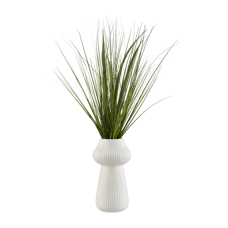 Artificial Grass in Ribbed Ceramic Vase