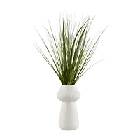 Artificial Grass in Ribbed Ceramic Vase
