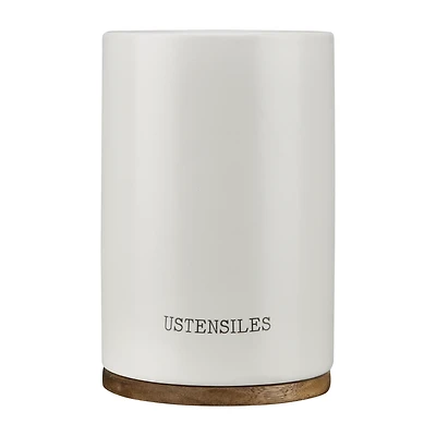 Ceramic Utensil Holder with Wooden Base