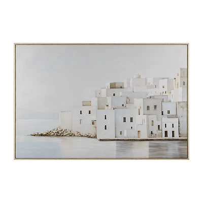 Gel-Embellished Buildings on Beach Framed Art