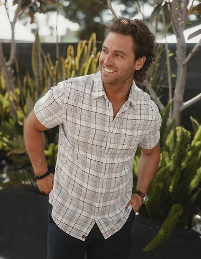 Freshwater Short Sleeve Button Up Shirt Clear Sky Plaid