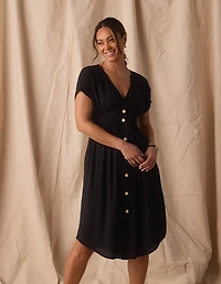 Deep V Button Thru Dress Black