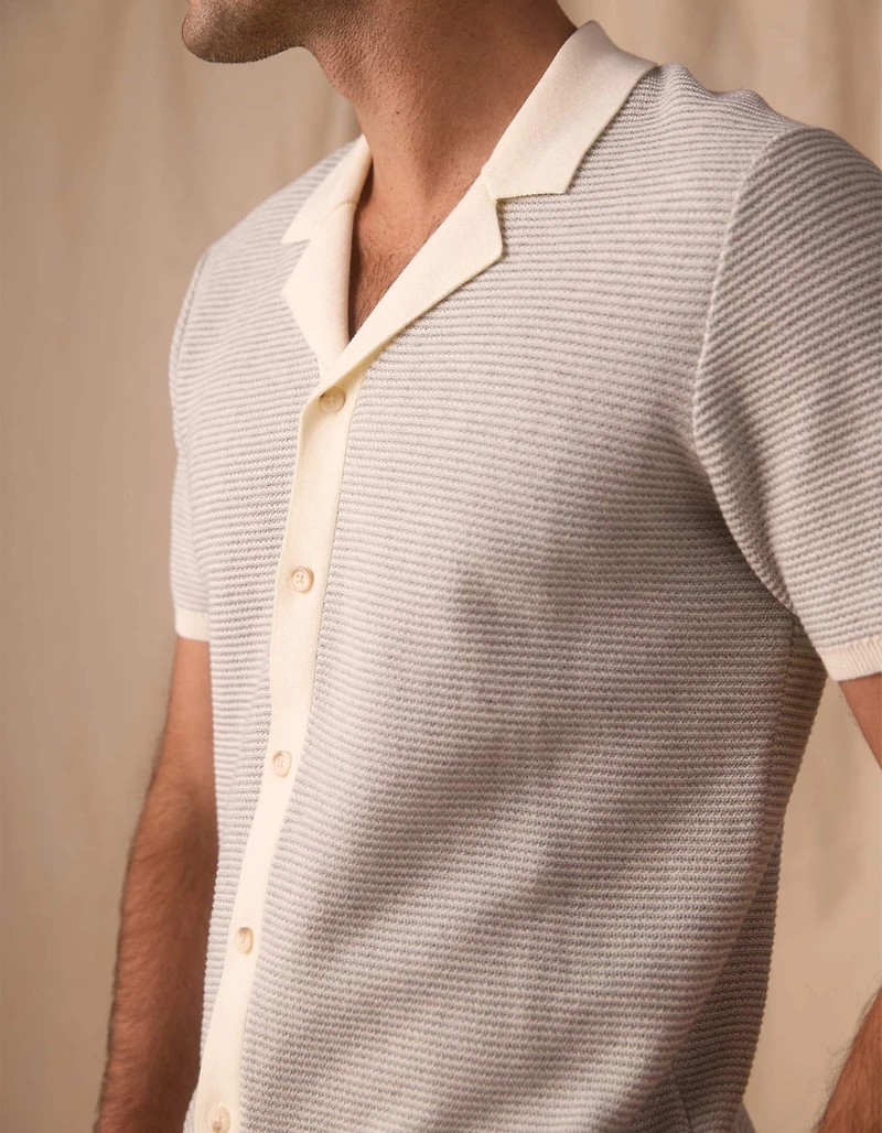 Robles Birdseye Knit Camp Button Up Cream/Grey
