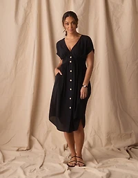 Deep V Button Thru Dress Black