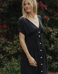 Deep V Button Thru Dress Black