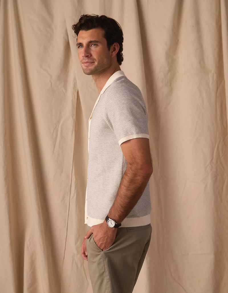 Robles Birdseye Knit Camp Button Up Cream/Grey