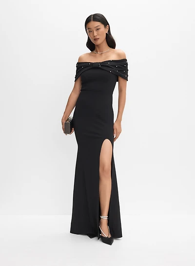 Pearl Embellished Off-Shoulder Dress