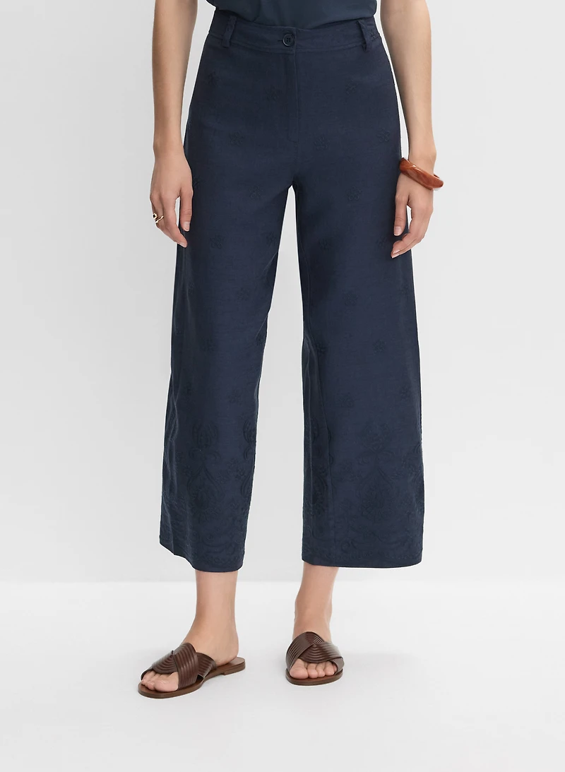 Tonal Embroidered Linen-Blend Pants
